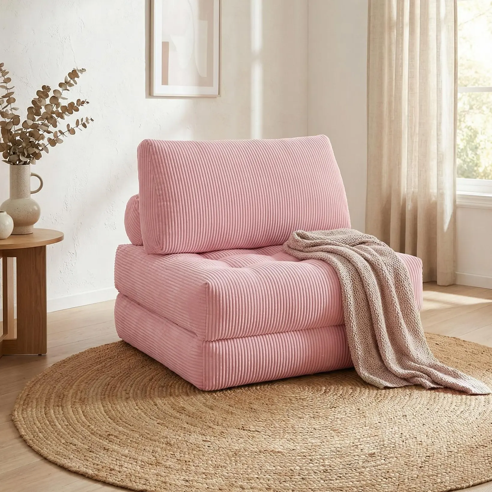 Yomsum 3-in-1 Folding Boneless Upholstered Sectional Sofa Bed Chaise Lounge - Plush Corduroy, Fluffy Memory Foam, High-Density Polyurethane Foam Spring, Sturdy, Multiple Seats, No Assembly Required - Indoor Apartment Furniture, Upholstered Sofa Couch