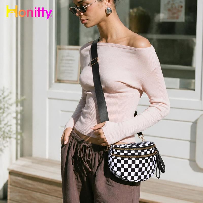 HONITTY Women's Checkered Nylon Bum Bag - Plus-Size Fit, Adjustable Strap, 10.5" Wide x 8.5" Tall Spacious Cute Design, Gold-Toned Hardware, Athletic Basic, Firm Shape, Bags for Women, All Black/Pink and White Options