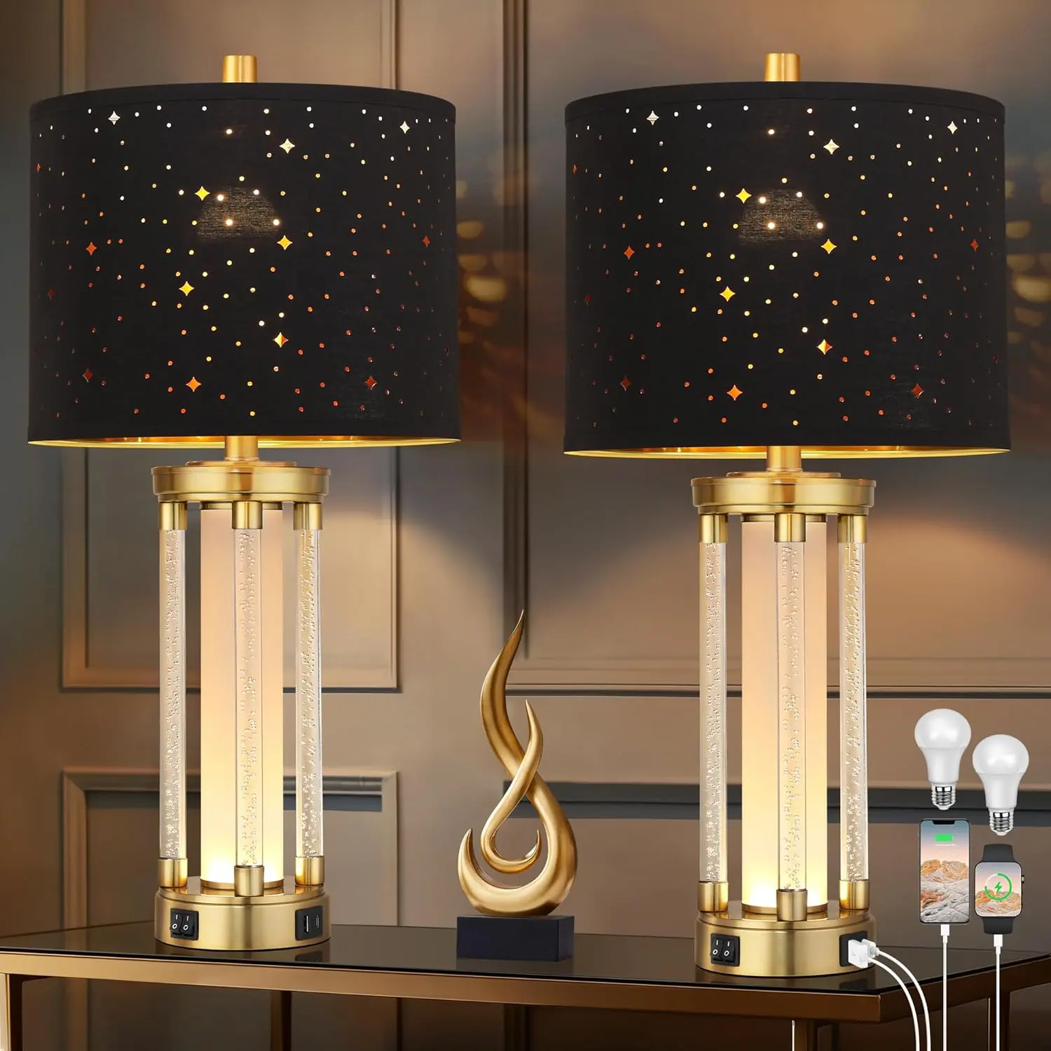 Gold Table Lamps Set of 2 with USB A+C Ports, Morden Bedside Lamps with Night Light, Unique Star Hallow Black Shade Lamp for Night Stands, Lamps for Bedroom, Office and End Tables(Bulb Included)