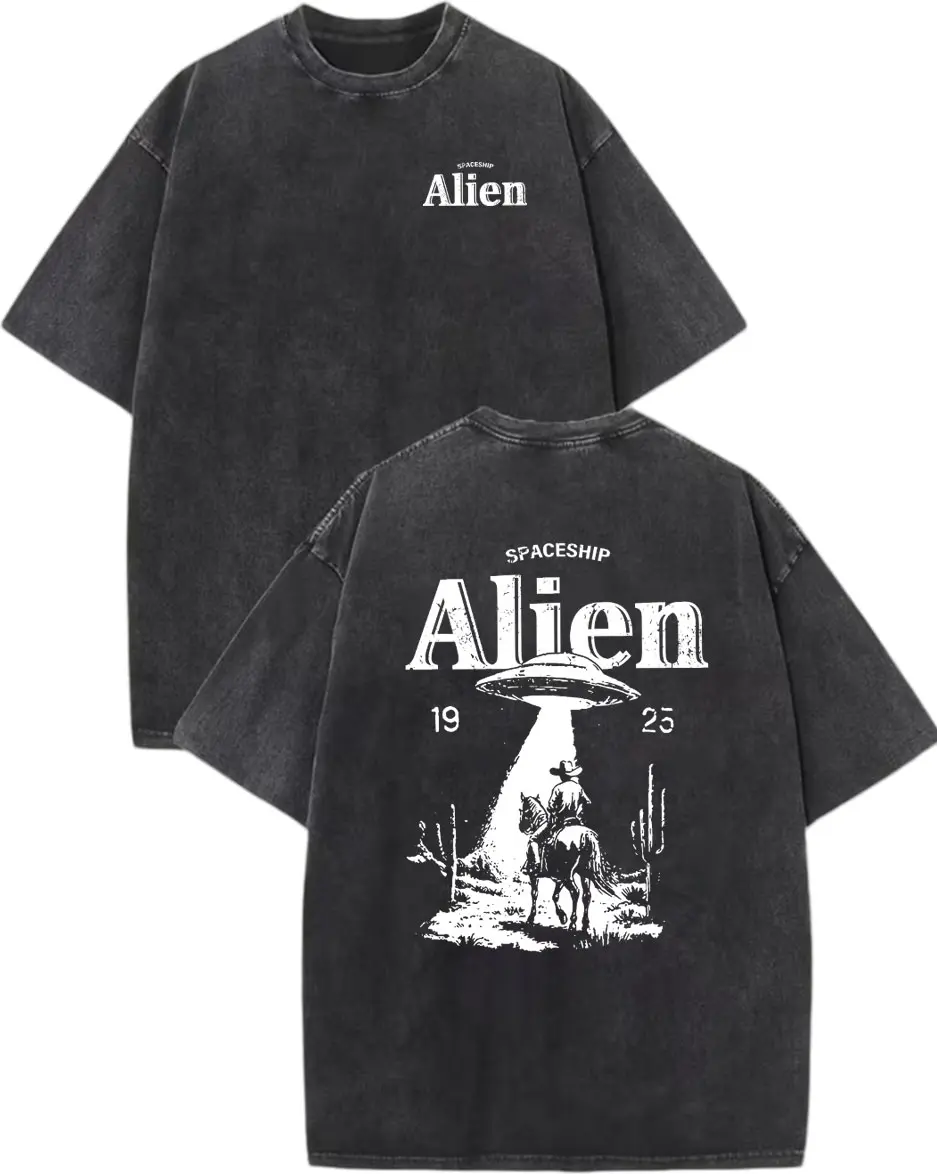 Men's Oversized Graphic Tee, Vintage Aesthetic Short-Sleeve Washed Cotton with 1925 Alien Cowboy UFO Back Print, Tshirt, Shortsleeve, Loose Fit, Retro Graphics, Oversize Crew