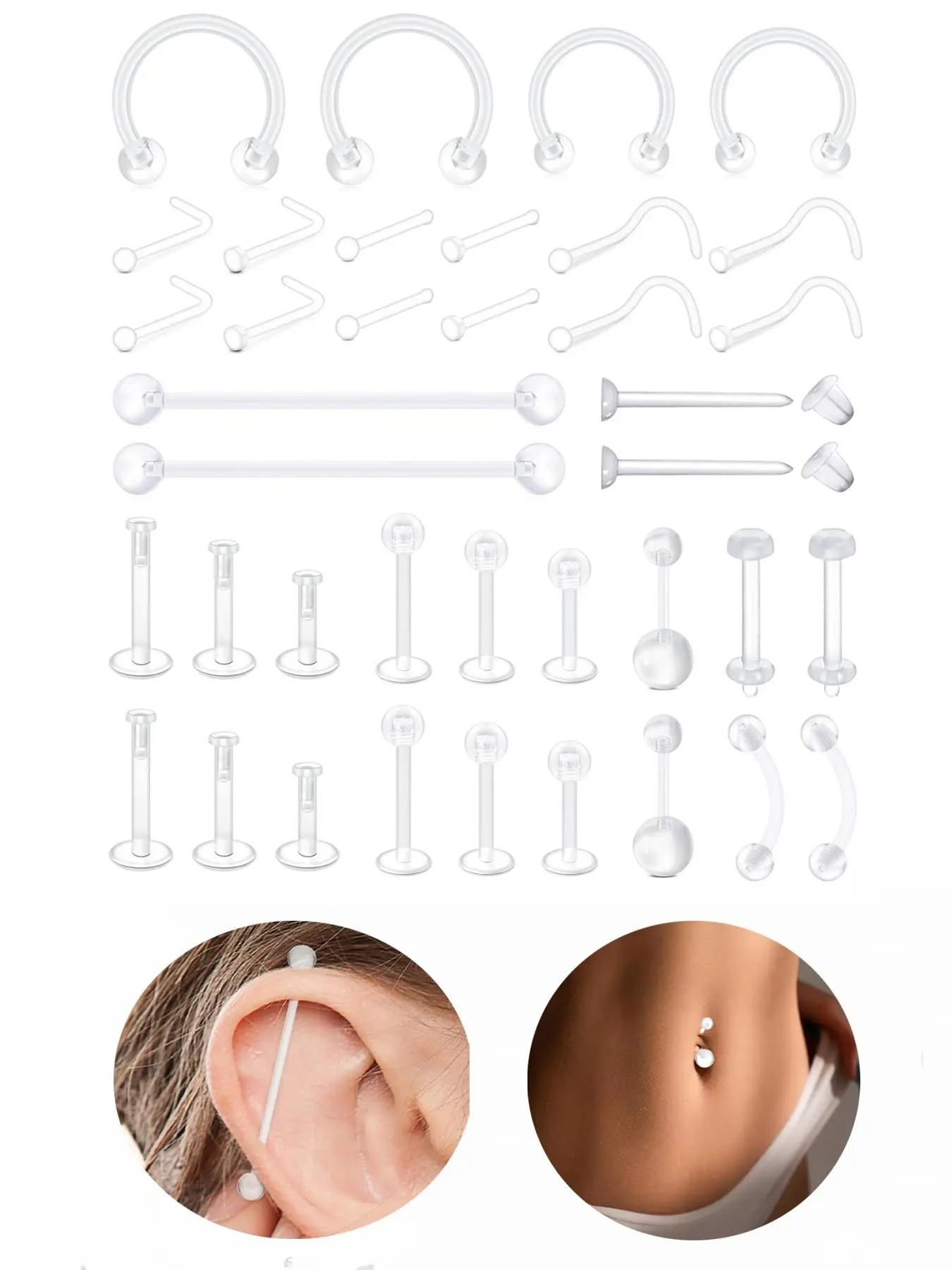 Clear Piercing Retainers for Surgery, 40pcs Nose Rings Belly Rings Septum Eyebrow Lip Cartilage Tragus Earring Retainer, Industrial Bar Plastic Piercing Jewelry for Work, Body Piercing Kit, Belly Button Piercing