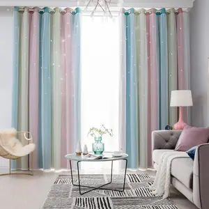 Lace Trim Striped Ombre Blackout Curtain Panel, Star Cut-Out Design Curtain, Elegant Polyester Fabric for Modern Interiors, Window Curtain