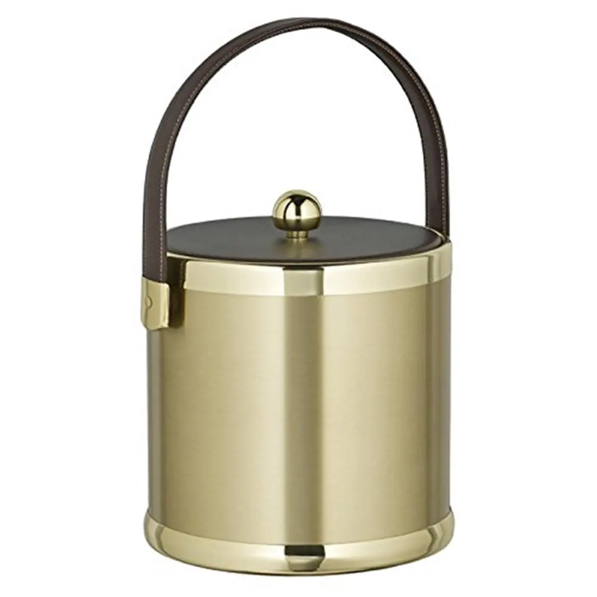 Kraftware Corp 70575 Brushed Brass 3 qt. Ice Bucket With Brown Stitched Handle And Fabric Lid