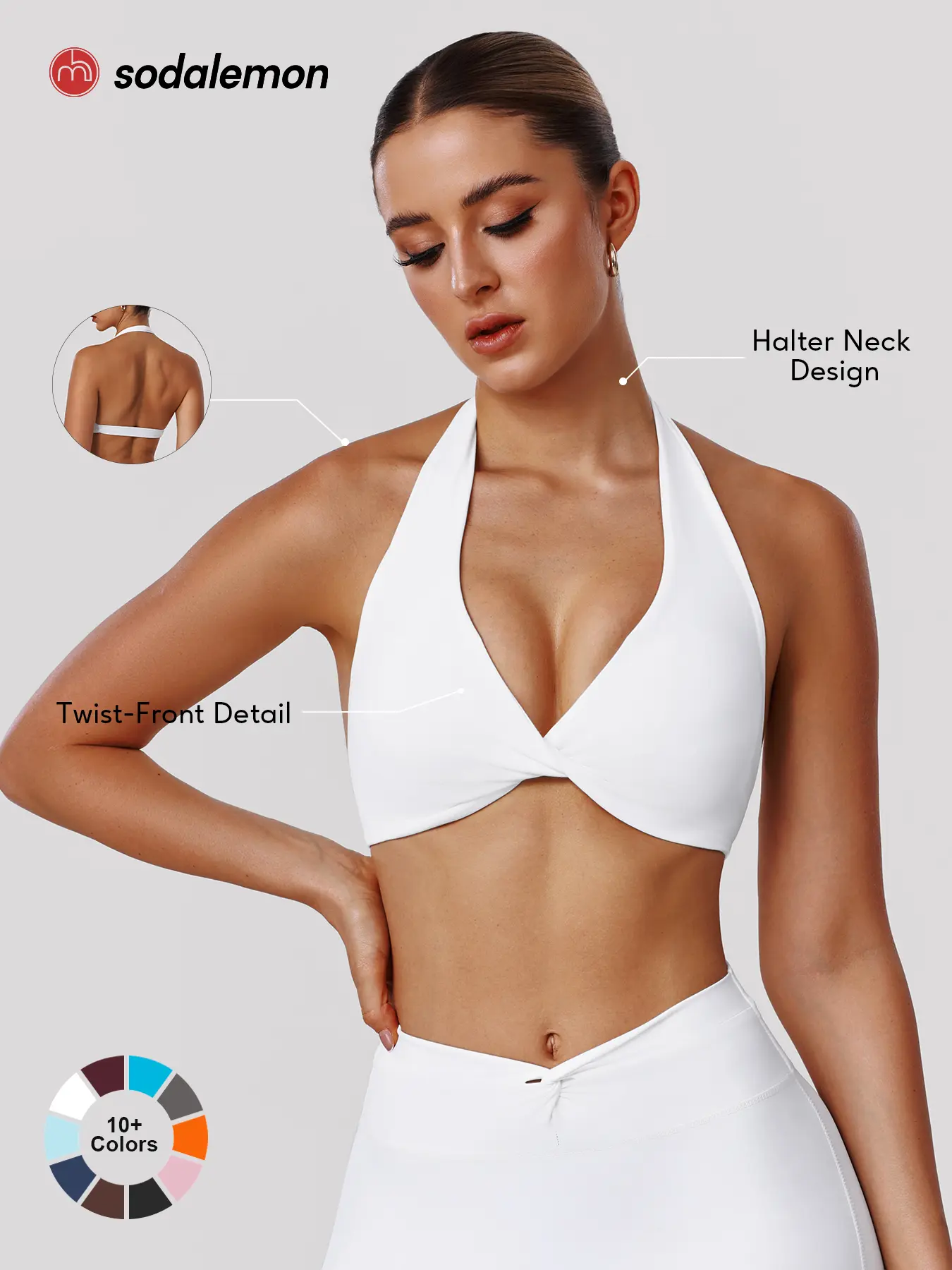 Sodalemon Women, halter neck twist-front yoga sports bra, v-neck open-back workout top, outdoor pilates fitness sports bra