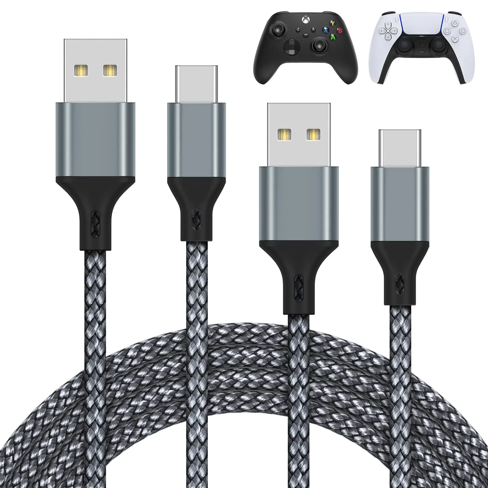 MENEEA Overload Safe Nylon Braided USB-C Connector Cable Kit (2 Pack, 10ft Long, 90-Degree Bend Test) - Grey Multi-Consoles Replacement Cord for Xbox Series X/S, PS5 Accessories