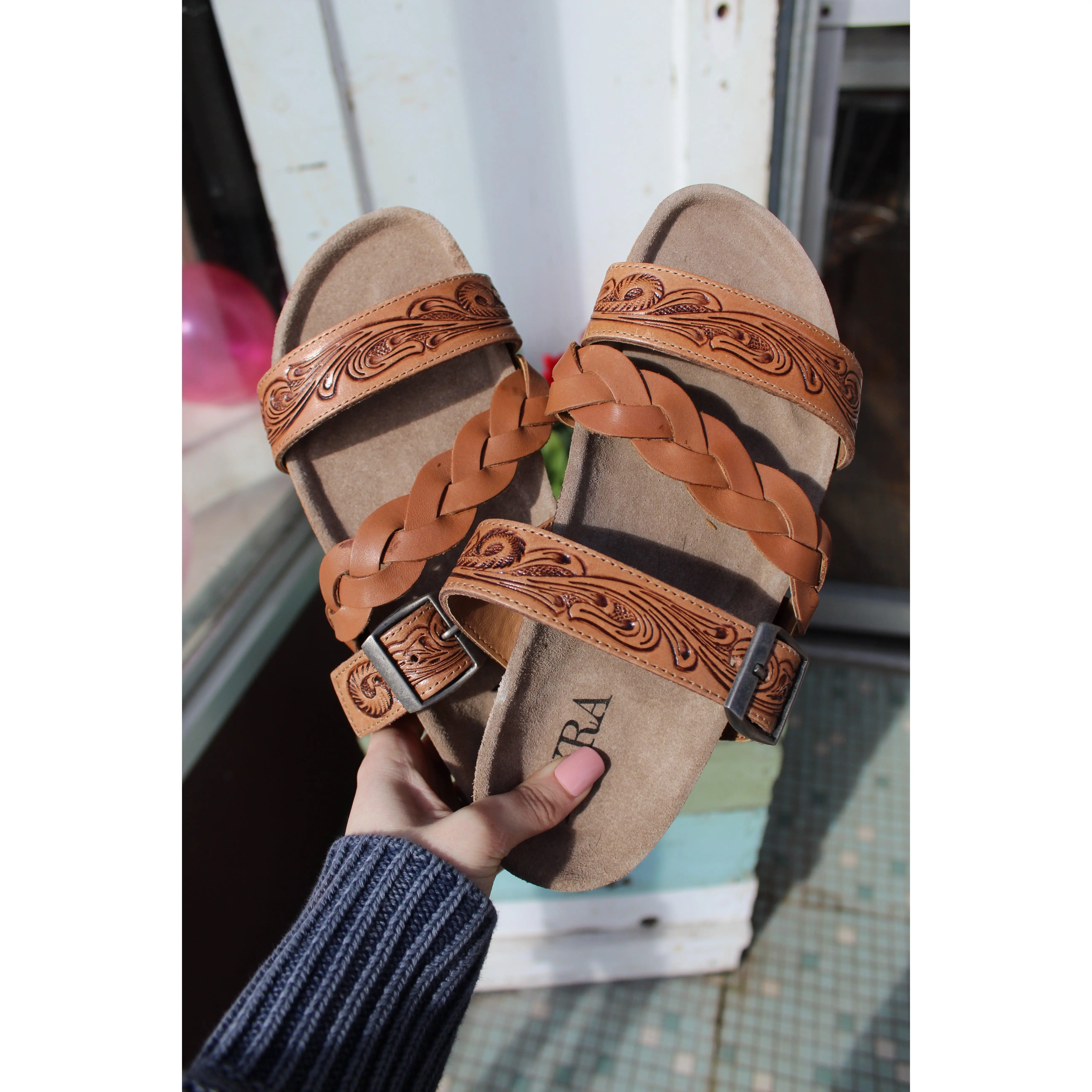 Dustbark Hand-tooled Leather Sandals