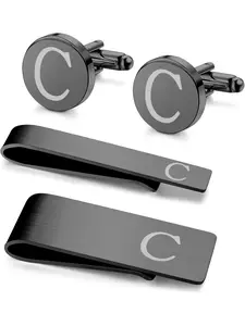 4 PCS Initial Cufflinks and Tie Clips for Men Stainless Steel Personalized Engraved Cufflinks and Tie Bar Money Clip Set Alphabet Letter A-W with Gift Box