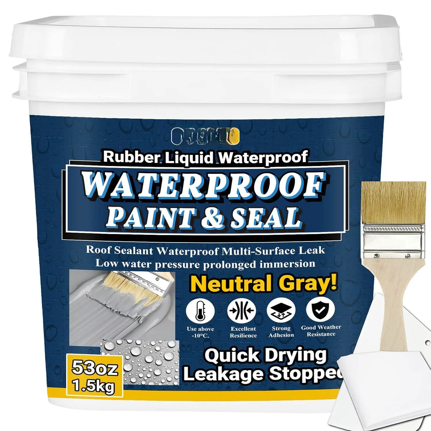 Rubber Liquid Waterproof Sealant,  53oz/1.5kg Neutral Gray Quick Drying Multi Surface Foundation Leak Repair - Roof Gutters Basement Sealer Waterproof - Indoor & Outdoor Flexible Rubber Paint