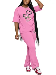 Pattern Print Women's Casual Spring & Fall 2-Piece Set, Streetwear Tracksuit Set, Sweatsuit Set Outfit, Sweatsuit Outfits, Short Sleeve Top with Flared Pants, Fashionable and Comfortable Sportswear for Everyday Use