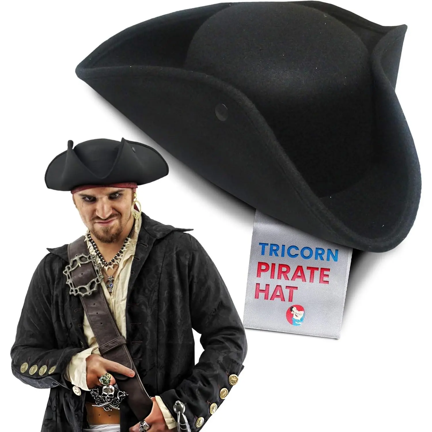 Adult Colonial Tricorn Pirate Hat 3 Cornered Cocked Cap For  Halloween Costume Accessory