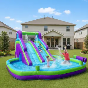 Inflatable Water Slide Purple Green Kids Inflatable Double Water Slide With Climbing Wall Large Splash Pool Backyard Water Park Summer Water Play Fun Swimming Pool Store Wet Dry Combo Water Slide Water Slide Backyard Party Summer Splash Fun outdoorfun