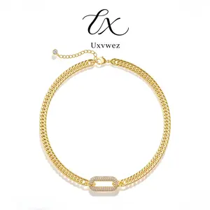 Uxvwez Cuban Link Chain Necklace for Women Gold Silver Tone Cubic Zirconia Oval Link Choker Necklace 16 Inch Fashion Jewelry Gift