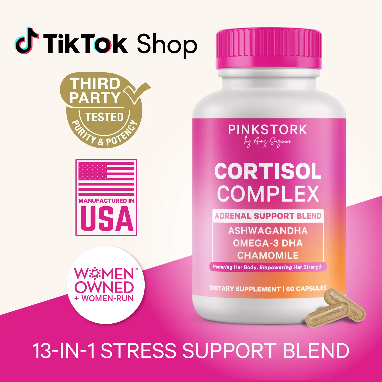 Pink Stork Cortisol Supplements for Women | Stress + Adrenal Support | Organic Ashwagandha, Omega 3 DHA, Chamomile | 1 Month Supply | Added Saffron + Vitamin D | Natural Support for Women | Postpartum, Perimenopause, Holistic Dietary Healthcare Support