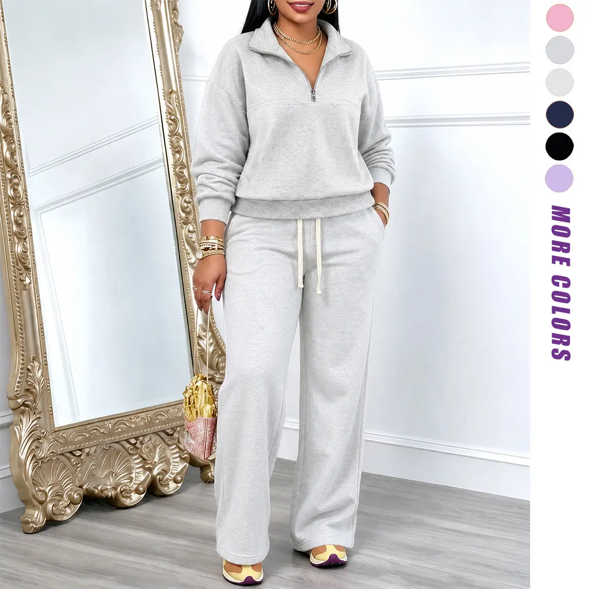 JOGWAVE women’s autumn/winter solid-color sweatshirt and sweatpants set, half-zip front sweatshirt and fleece-lined sweatpants, suitable for sports, casual wear, outings, fashionable and trendy, Christmas gift