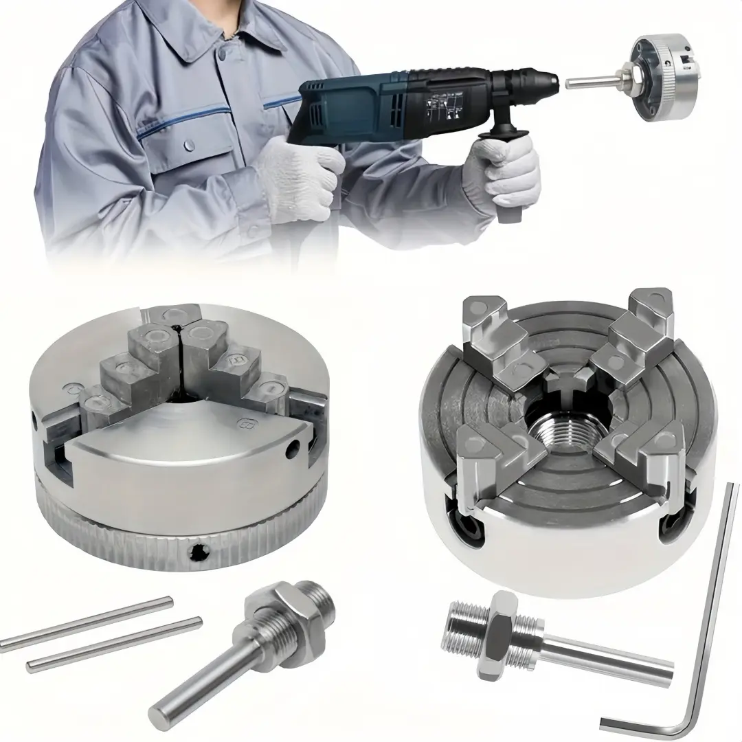 Z011 3-Jaw & 4-Jaw Lathe Chuck Set – Self-Centering Woodworking Lathe Tool, Mini Lathe Chuck with Connecting Rod & Short Bar, Power Lathe Accessories