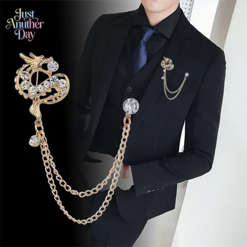 Men's Metal Chain Tassel Brooch, Rhinestone Wing & Dragon Design Lapel Pin, Versatile Suit & Tuxedo Accessory for Formal & Casual Outfits