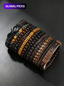 Men's Fashion Beaded & Braided Link Bracelet (12pcs), Fashion Jewelry for Party, Everyday Accessories, Trendy All-match & Exquisite Jewelry for Birthday Gift