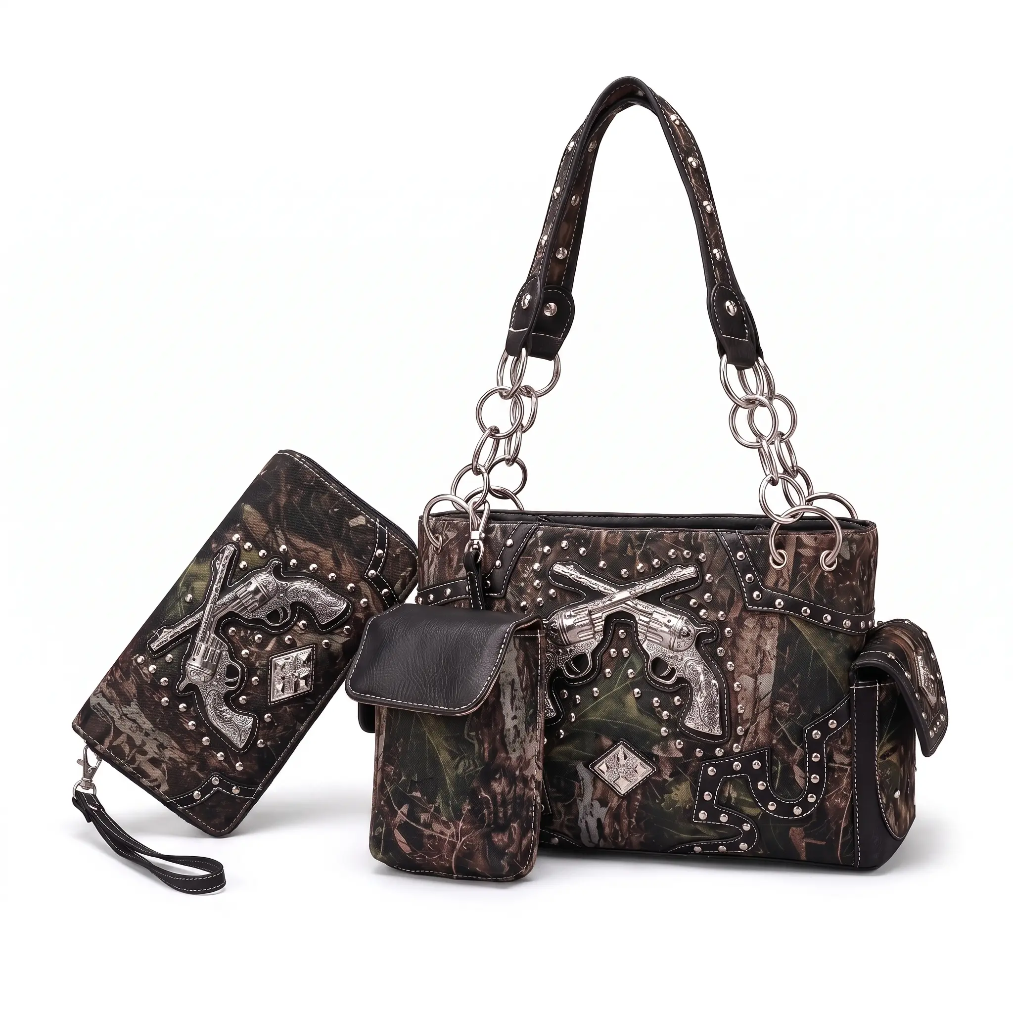Western Origin Camo Handbag & Wallet 2-Piece Set, Edgy Western Studded Shoulder Bag for Women with Pistol Hardware, Casual Camouflage Chain Strap Everyday Purse