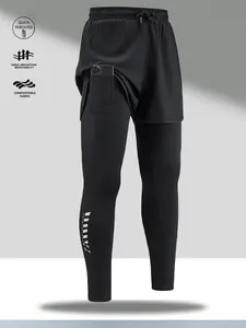 A set of fake two piece high elastic quick drying sports pants for fitness and training, suitable for men who like to lift iron. The pants are designed to be tight and feature a phone storage pocket. The fabric is double layered with a drawstring waist. I