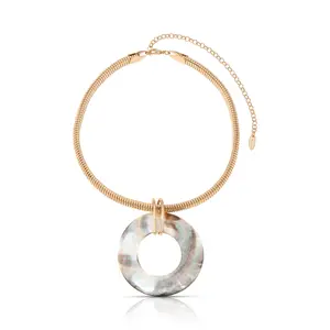 Shell Open Circle Pendant Flex Chain Necklace – 18K Gold Plated Flex Chain with Iridescent Shell | Adjustable Statement Choker Necklace for Women