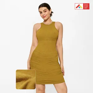 Popilush Shapewear Metallic Seamless Shaping Dress -Sleek and Shiny Fabric Design Casual Chic Fitted Minimalist Womenswear Orange Yellow