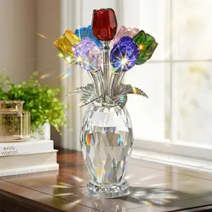 Crystal Rose Flower Figurine, Colorful Rose Decoration, Floral Ornament Gift for Valentine’s Day, Wedding & Home