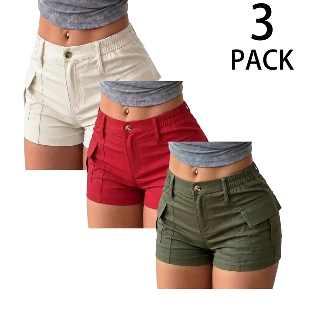 Set of 3–1: Multiple options available. Women’s high-waisted mini cargo shorts—elastic waistband, multiple pockets, button closure, cash pocket; comfortable for summer wear and suitable for everyday and outdoor activities. Summerwins, button shorts.Pre-or