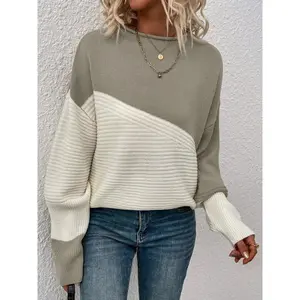 Color Block Loose Pullover Sweater UQ20734 Elegant Long Sleeve Drop Shoulder Women's Clothing Fabric Knitwear Crew Neck Chic Tops Womenswear Knitting