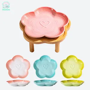 Shallow Elevated Cat Bowl, 6.6 Inch Wide Raised Ceramic Cat Dish with Bamboo Stand, Whisker Friendly Pet Water or Food Plate Feeding Station for Indoor Cats, Kittens