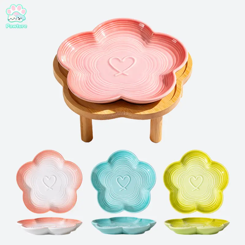 Shallow Elevated Cat Bowl, 6.6 Inch Wide Raised Ceramic Cat Dish with Bamboo Stand, Whisker Friendly Pet Water or Food Plate Feeding Station for Indoor Cats, Kittens