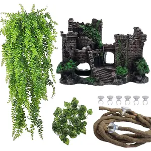 Reptile Resin Castle Decoration,Bearded Dragon Habitat Accessories Crested Gecko Hideouts Cave Reptiles Vines Flexible Jungle Climbing Vines Decor for Chameleon Snake Gecko Lizard(4 Pcs) beard dragon