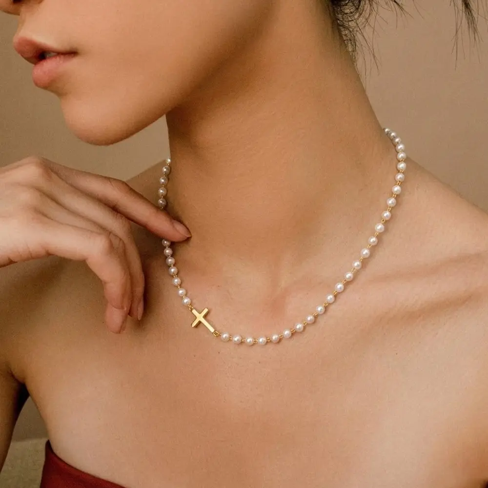 Cross Necklace for Women Trendy Gold Plated Simulated Pearl Necklaces with Cross Pendant Handmade Jewelry Gift Dainty Simple Cross Jewelry