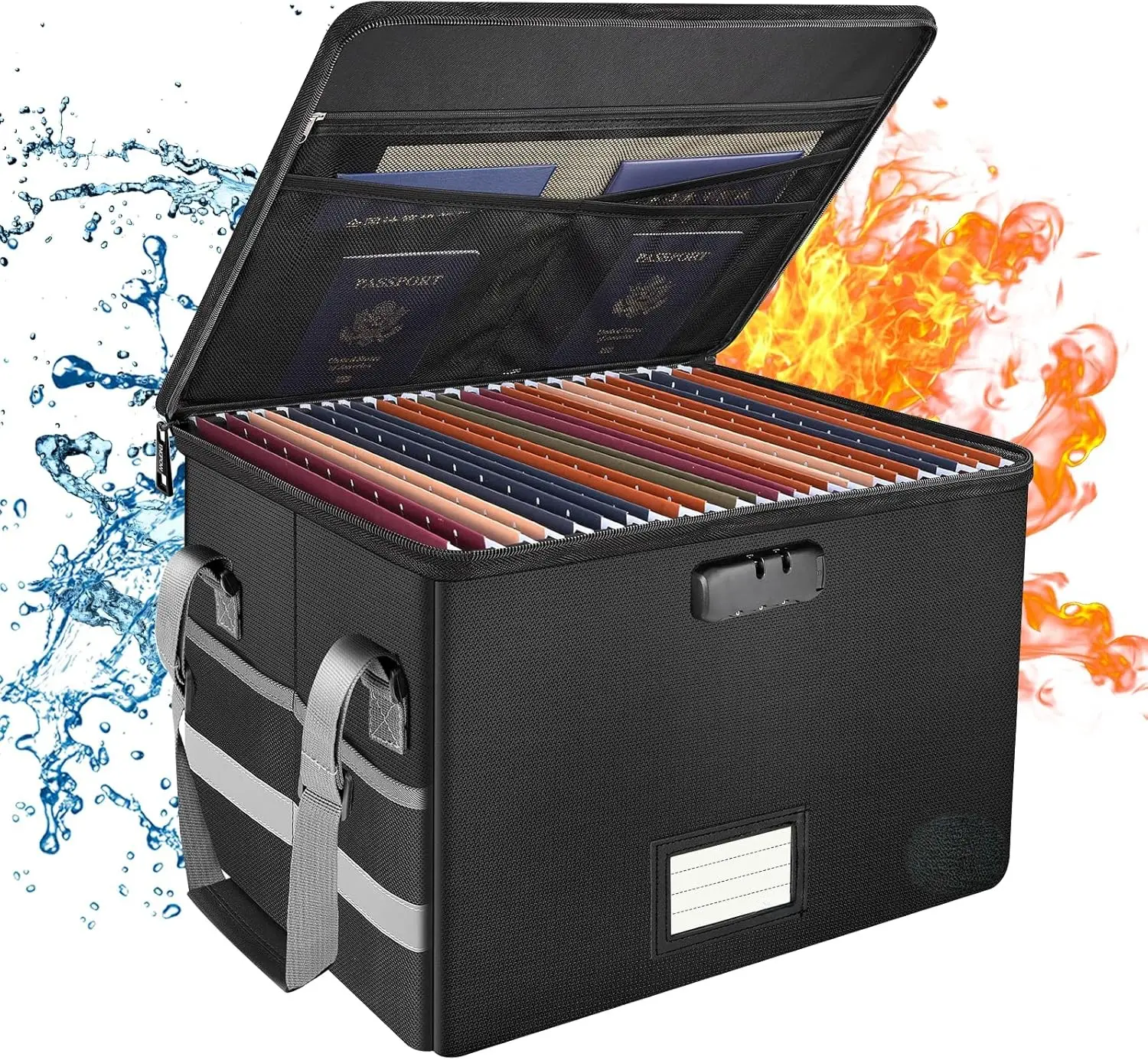 File Box with Lock,Fireproof Document Box with Zipper＆Pockets,Collapsible File Organizer Filing Storage Cabinet with Handle,Portable Home Office Safe for Hanging Letter/Legal Folder,Black