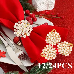 12pcs/set Elegant Diamond Pearl Napkin Rings | Luxurious, Suitable for Weddings, Festive Party Supplies, and Table Decorations