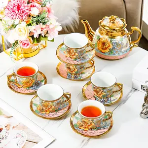 Flower Pattern Ceramic Tea Set, 1 Set Including 1 Teapot & 6 Teacups & 6 Saucers & 1 Storage Rack, Exquisite Afternoon Tea Set for Home Office, Drinkware, Tea Cups And Saucers