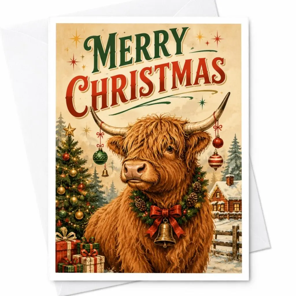 Merry Christmas Highland Cow Card Festive Holiday Greeting Card Cute Animal Christmas Card For Family Friends C4559