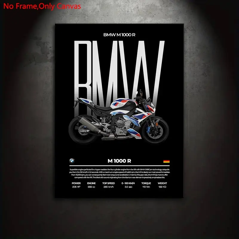 1 Set frameless canvas print, classic minimalist vehicle art, superbike BMW M1000R, perfect gift for motorcycle enthusiasts, ideal gift for bedroom, living room, Modern home decor, Decoration items