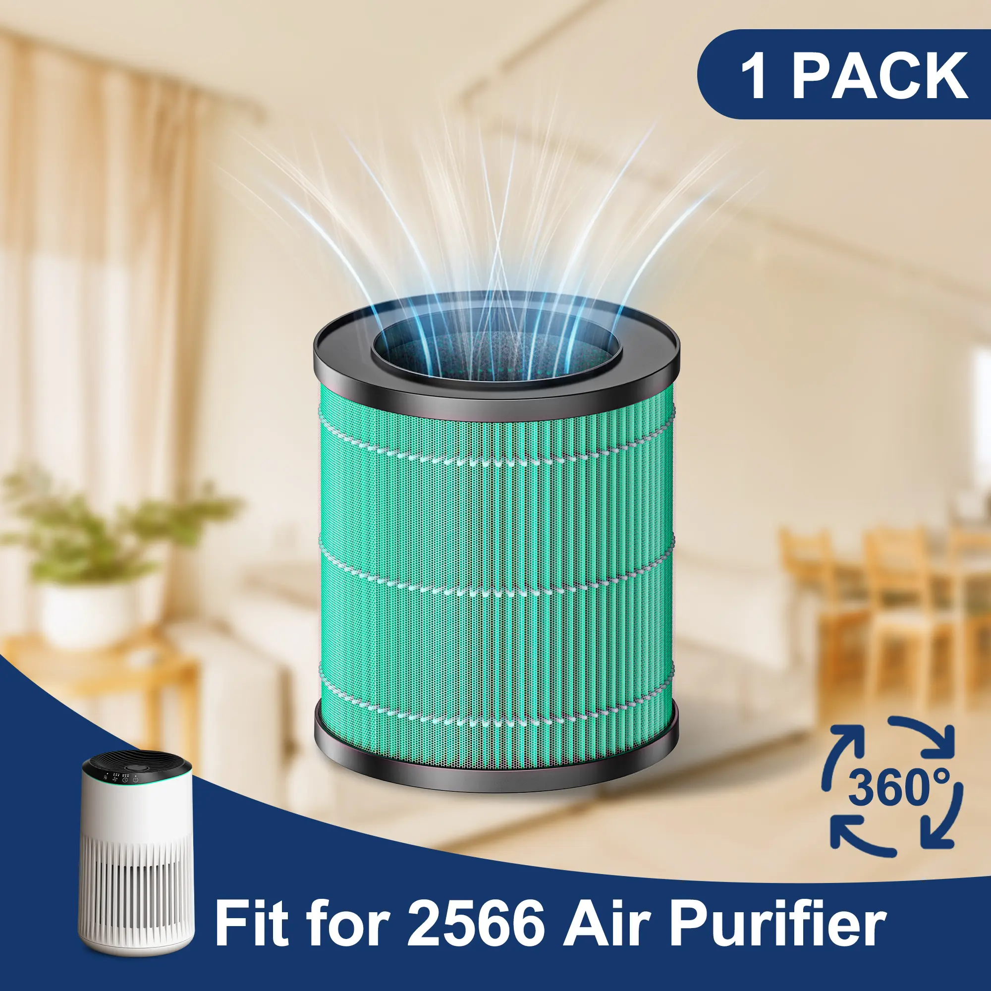 MORENTO Genuine Replacement HEPA Filter - 1-Pack/2-Pack True HEPA & Activated Carbon Element for MR2566 Household Air Purifier, Long-Lasting Household Appliance Part for Allergy Relief, Dust-Free Living