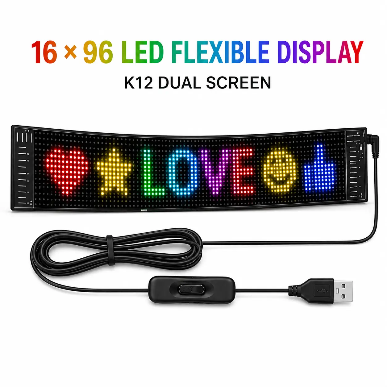16×96 LED Flexible Display, APP-Controlled RGB Programmable Message Sign, USB Powered K12 Dual Screen for Car, Shop, Party & Home Decor