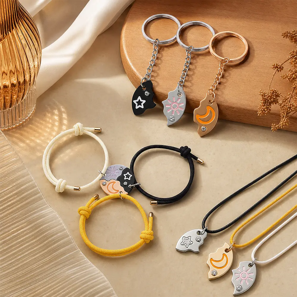 9 pcs Friendship necklace bracelet keychain, Celestial Star Moon Sun Magnetic Puzzle Pendants with Rhinestones, Alloy Jewelry for Best Friends Birthday Gifts, Bracelet Necklace Set sohochic