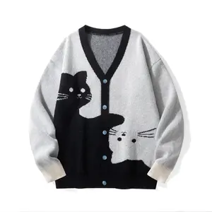 2026 #SummerVibes Cartoon cat cardigan V-neck sweater for both men and women, simple and elegant color-blocking long-sleeved knitted sweater for autumn and winter