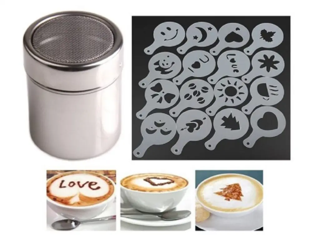 TIKA 16-Piece Coffee Stencil Set with Stainless Steel Powder Shakers, Barista Tools for Latte, Cappuccino and Cupcake Decoration