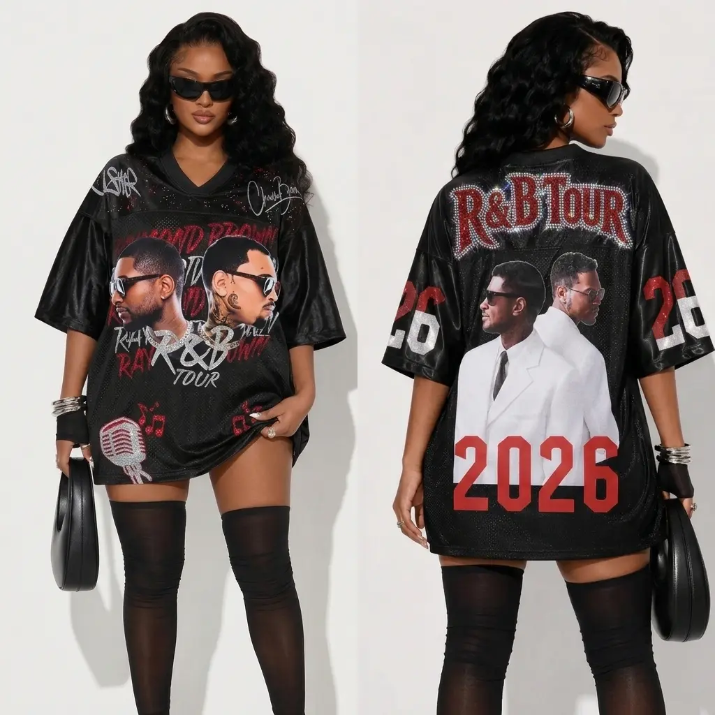 2026 R&B Tour Inspired Glitter Bling Jersey, Rhinestone Style Baseball Jersey, Music Concert Fan Shirt, Hip Hop Streetwear, Unisex Oversized Festival Jersey Gift