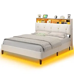 Sikaic Faux Leather LED Bed Frame with Storage Headboard White Upholstered Platform Bedframe
