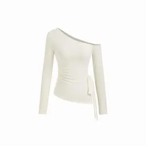 Cider Asymmetrical Neck Bowknot Ruched Spilt Long Sleeve Top