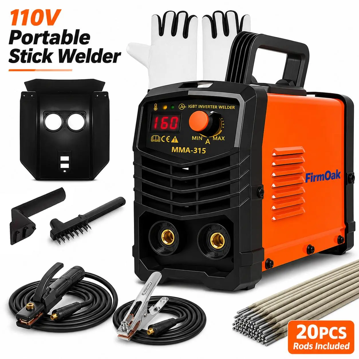 FirmOak 110V Handheld Inverter Stick Welder Kit for Beginners, 1–3 mm Capacity MMA ARC Welder with Digital Display, Hot Start, Anti-Stick, Tools for Small Repairs, Fence Repairs and Brackets