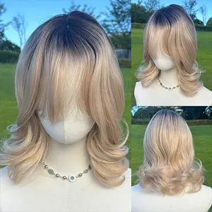 SMILCO/14Inch Ombre Black ash Gold Short Curly Synthetic Wig/SM531