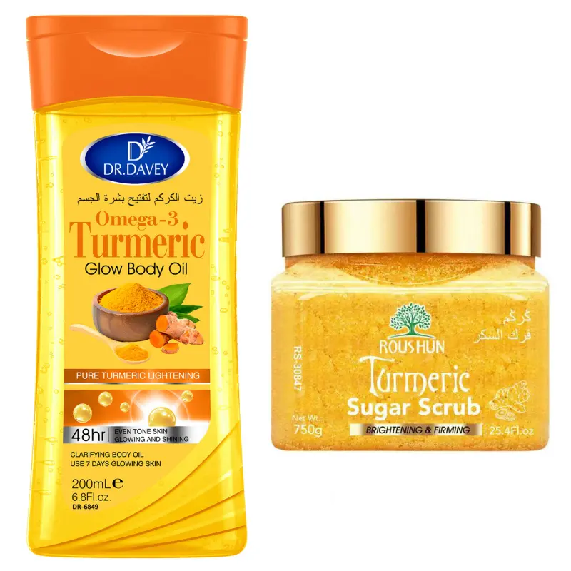 Turmeric Omega3 Glow Body Oil Turmeric sugar scrub Body Care Body Essentials Set for Cleaning, Moisturizing, and Moisture Skin with Long lasting Fragrance, Suitable for Men and Women, Large Capacity