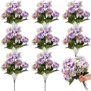 8 Bouquets Wedding Silk Peony Hydrangea Flowers with Stems 12.6" H Elegant Faux Vintage Artificial Flowers for Decoration for DIY Table Party Decor Centerpieces Home(Purple)