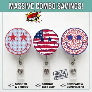 [Best Value Bundle] Patriotic Smiley Badge Reel, American Flag Badge Holder, Custom Cute Retractable ID Reel, Star Print Nurse Gift, USA Style Accessory